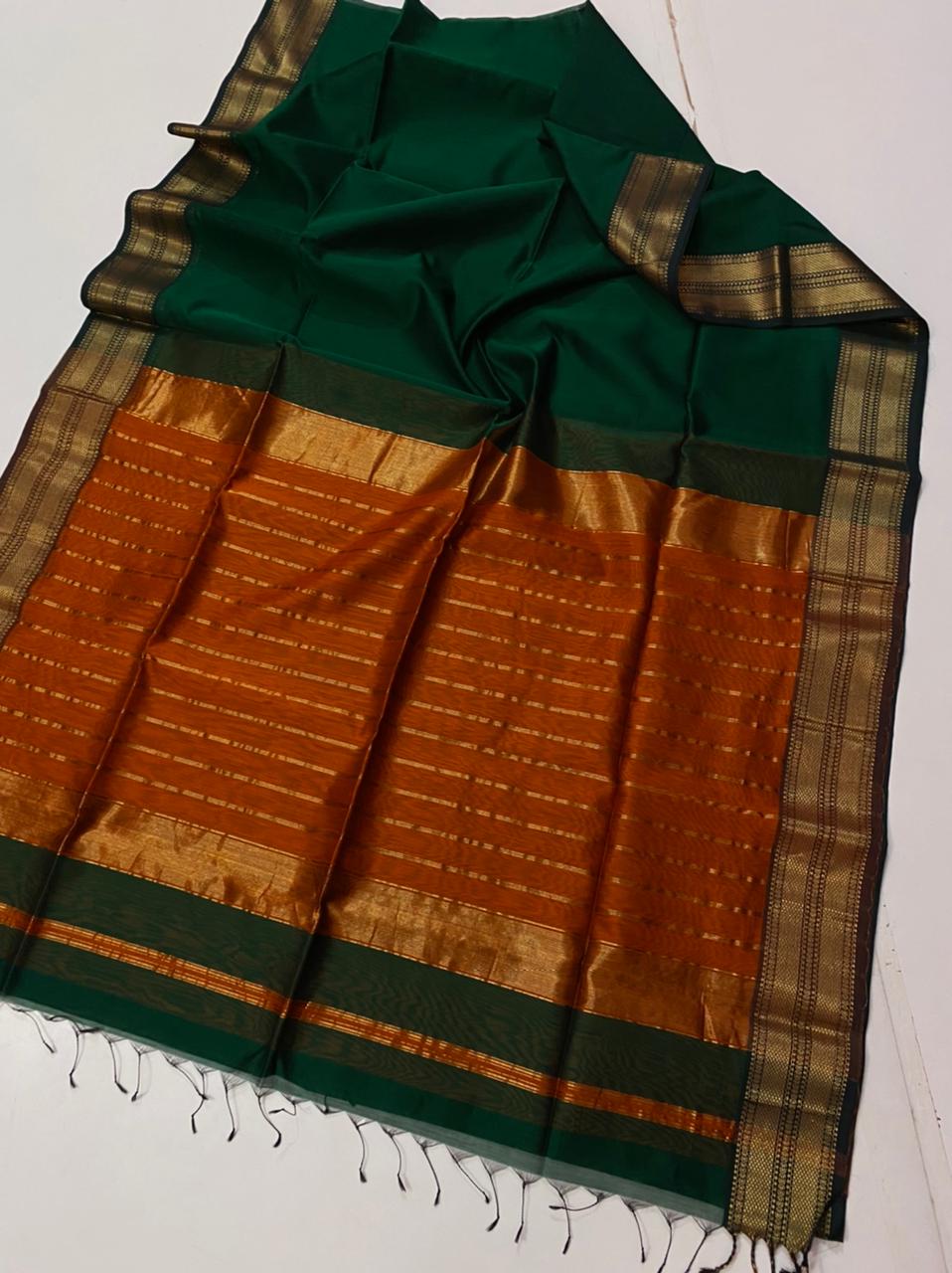 Green and Orange Maheshwari Silk Cotton