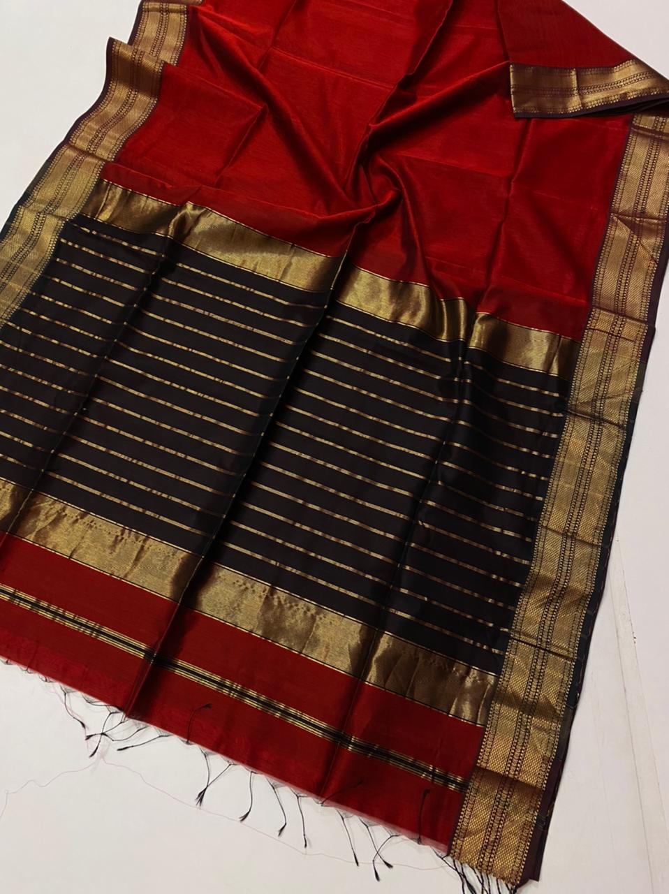 Red And Black Maheshwari Silk Cotton